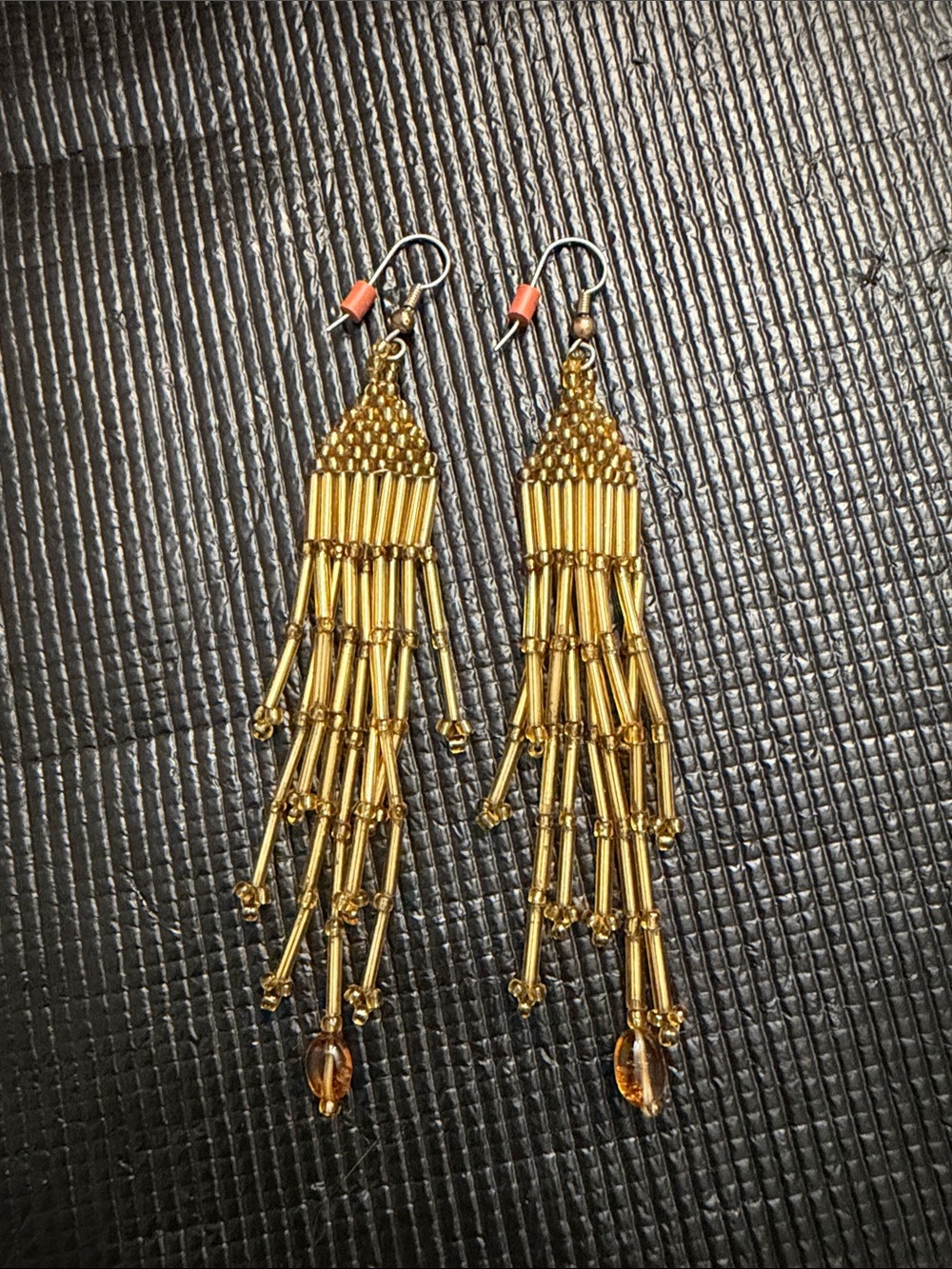 Source Unknown Gold Beaded Fringe Dangle Earrings with Amber Accents